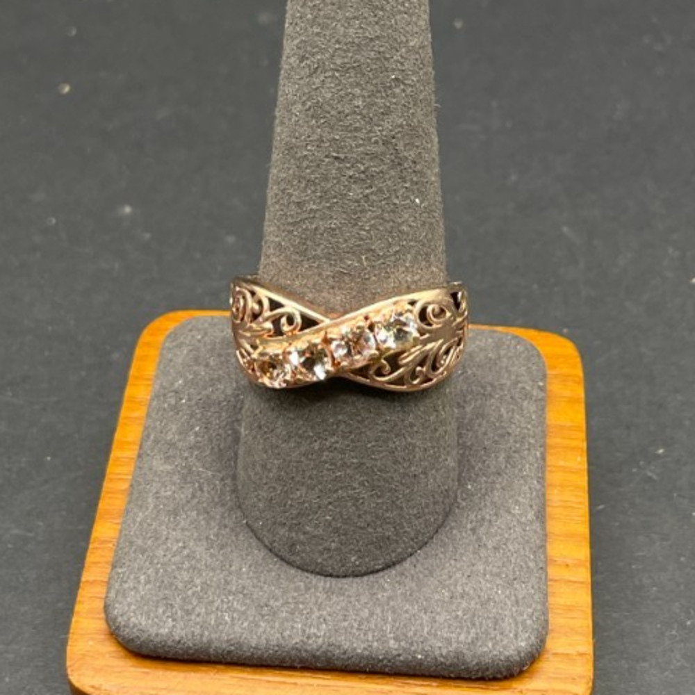 STS 925 Sterling Silver Rose Gold Tone Filigree CZ Crossover Ring Size 10